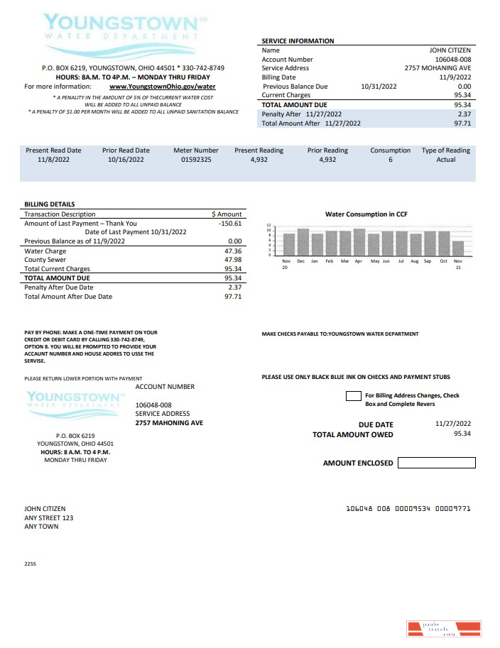 USA Youngstown Water Department utility bill template in Word and PDF format